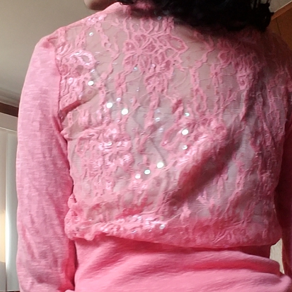 Lace Panel Cropped Cardigan Pink